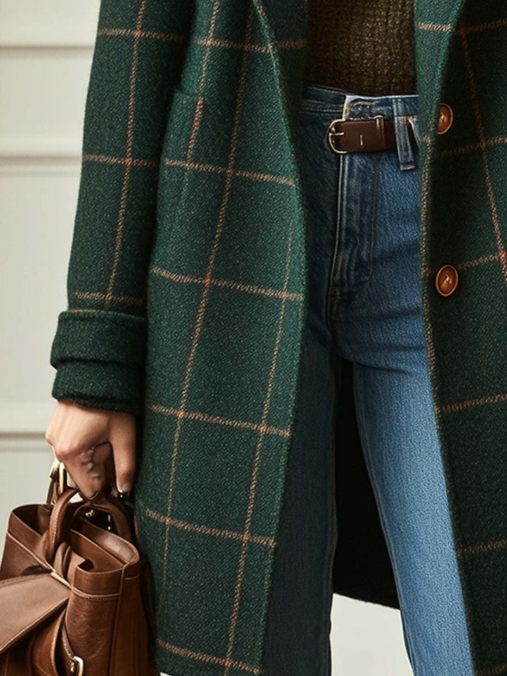 Manteau en Tweed à Carreaux avec Revers Rétro pour Femmes